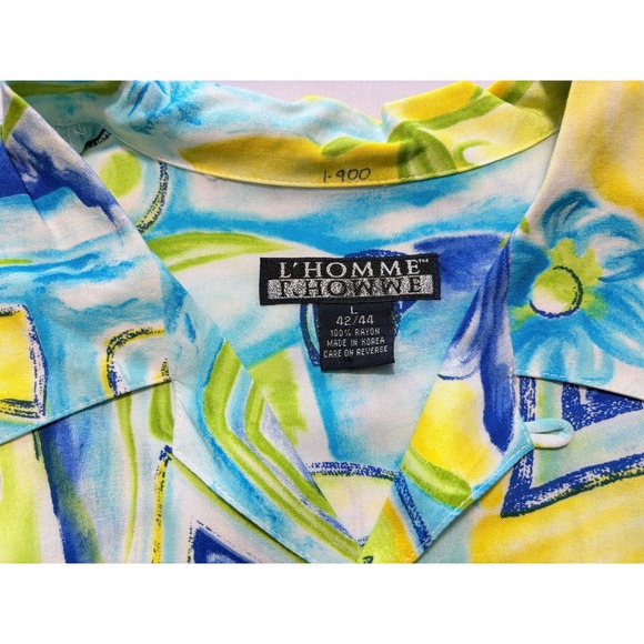 VTG L'Homme Loop Collar Shirt Rayon Abstract Water Color Print Button Up Large - Picture 3 of 15
